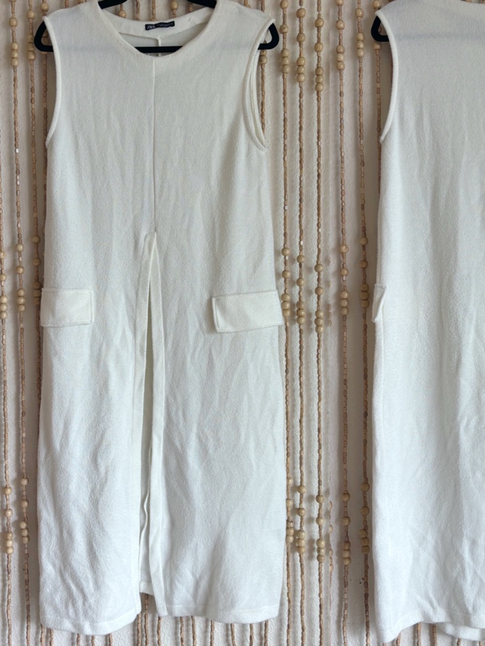 Zara Ivory Sleeveless Soft Textured Slit Front Modern Minimalist Tunic Dress